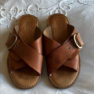 Born Brown Leather Cross Strap Slides